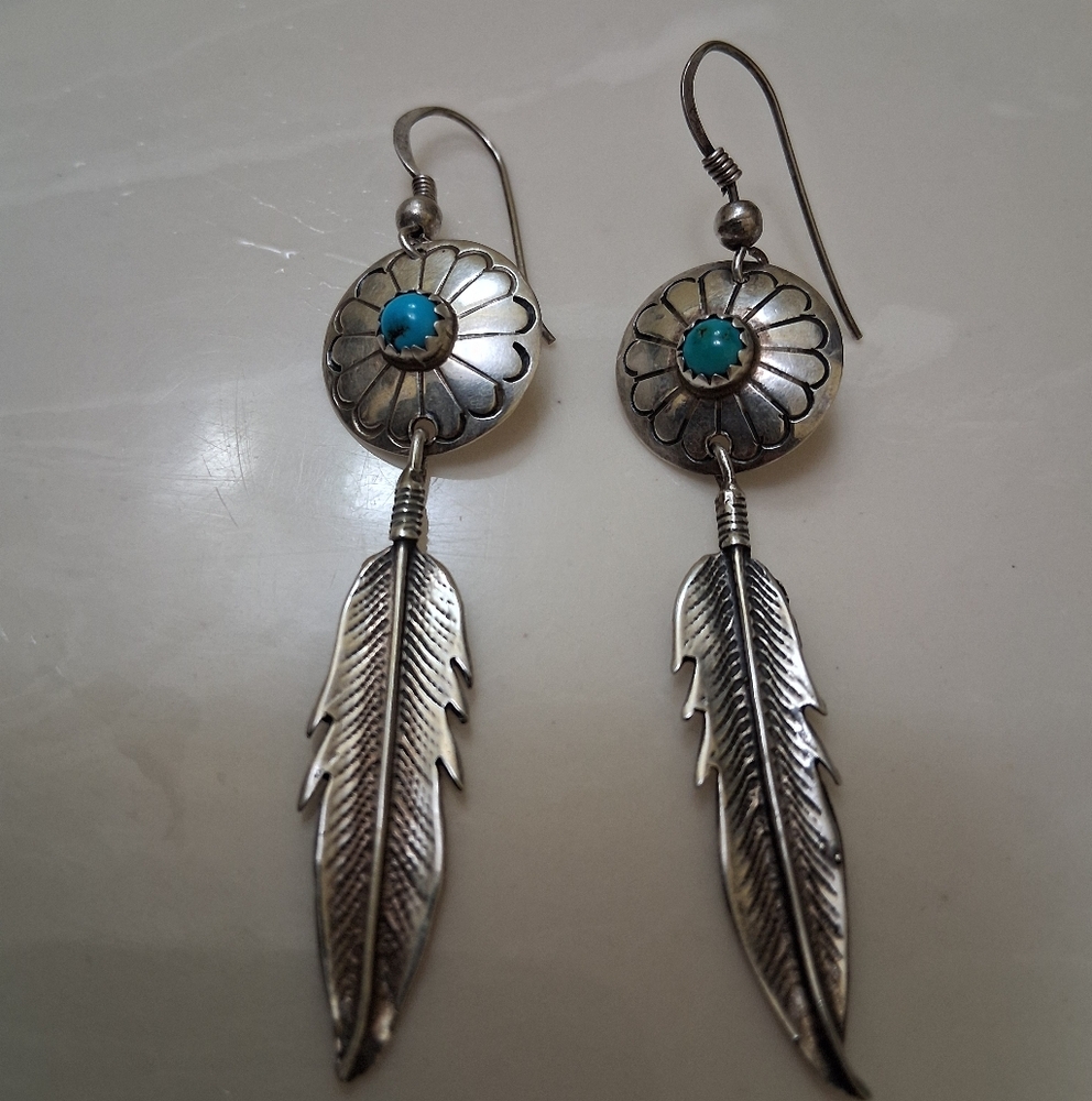 Vintage Native American Torquoise Feather Earrings